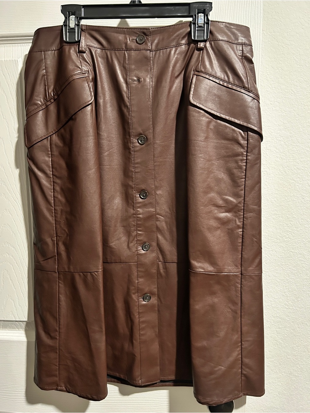 Banana Republic Vegan Leather Button Front Midi Skirt Brown Petite 8 A-Line